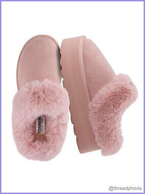 Genuine Suede Fuzzy Faux Fur Lined Memory Foam Platform Mule Slippers
